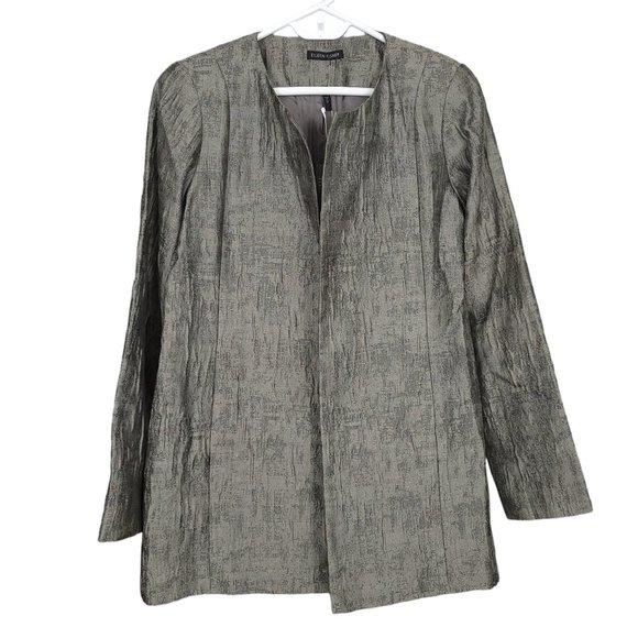 NWT EILEEN FISHER Jacket XS Gray Crinkle Jacquard Cotton Silk Open Front Pockets - Picture 6 of 13